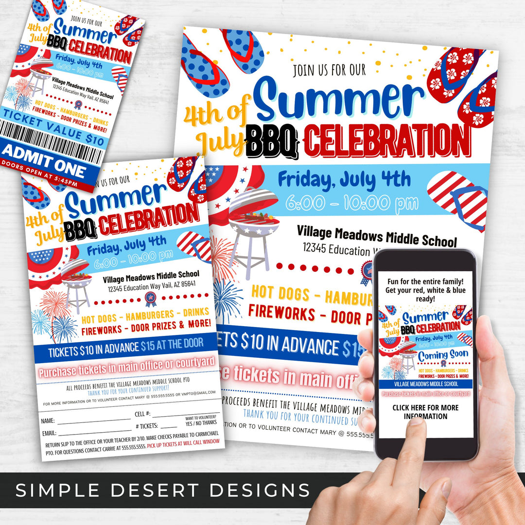 4th of July BBQ Fundraiser Flyer Ticket Bundle | Simple Desert Designs