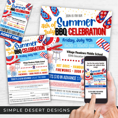 all in one bundle of fundraiser flyers, tickets and social media posts for 4th of july barbeque fundraiser