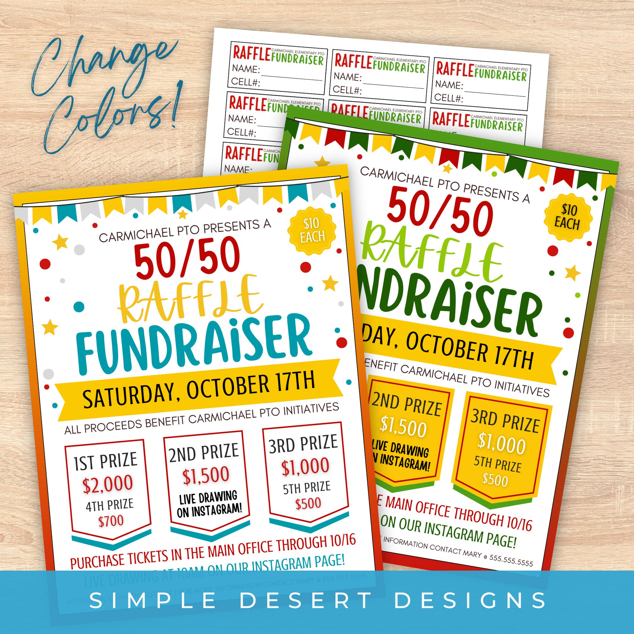customizable 50 50 raffle flyers with color changing elements and ticket sheet included