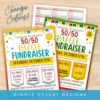 customizable 50 50 raffle flyers with color changing elements and ticket sheet included