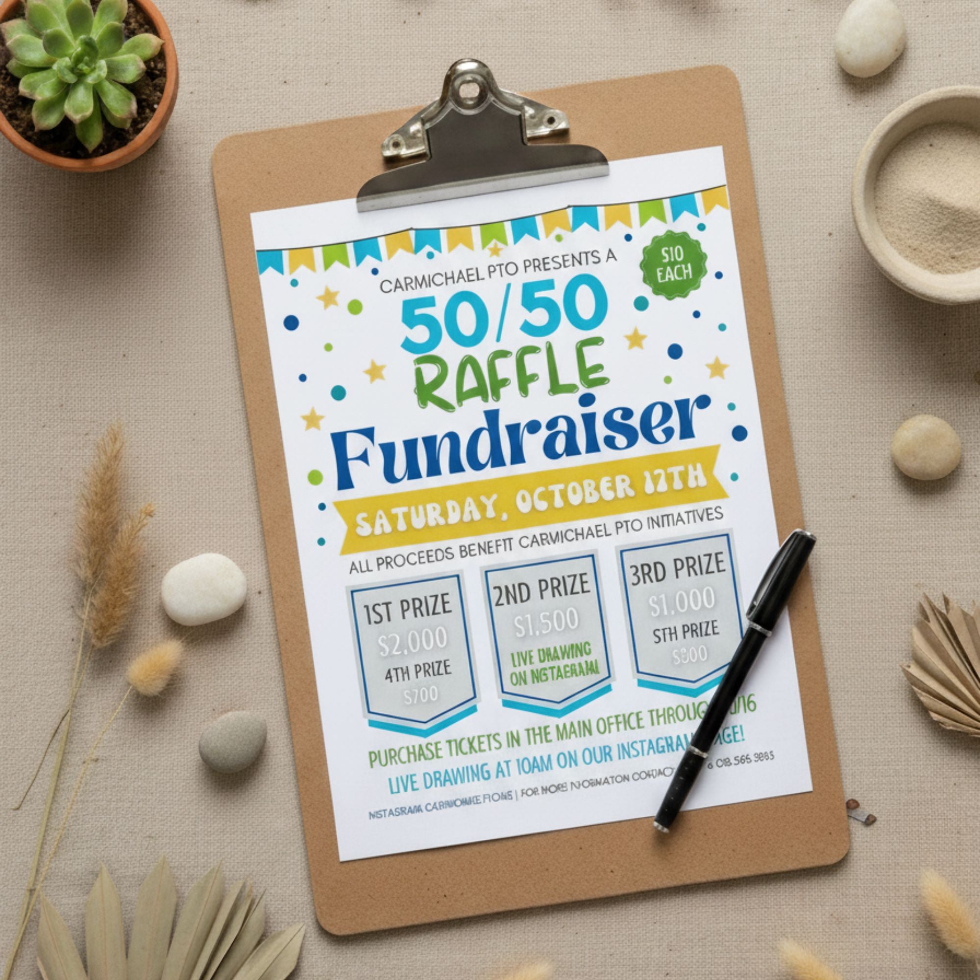 customizable 5050 fundraiser flyer template with color changing elements for easy to use charity fundraising events with ticket template displayed on natural mockup style with clipboard