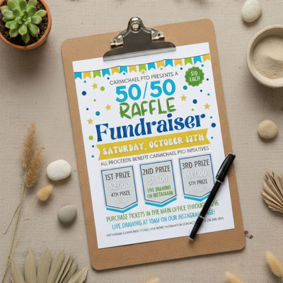 customizable 5050 fundraiser flyer template with color changing elements for easy to use charity fundraising events with ticket template displayed on natural mockup style with clipboard