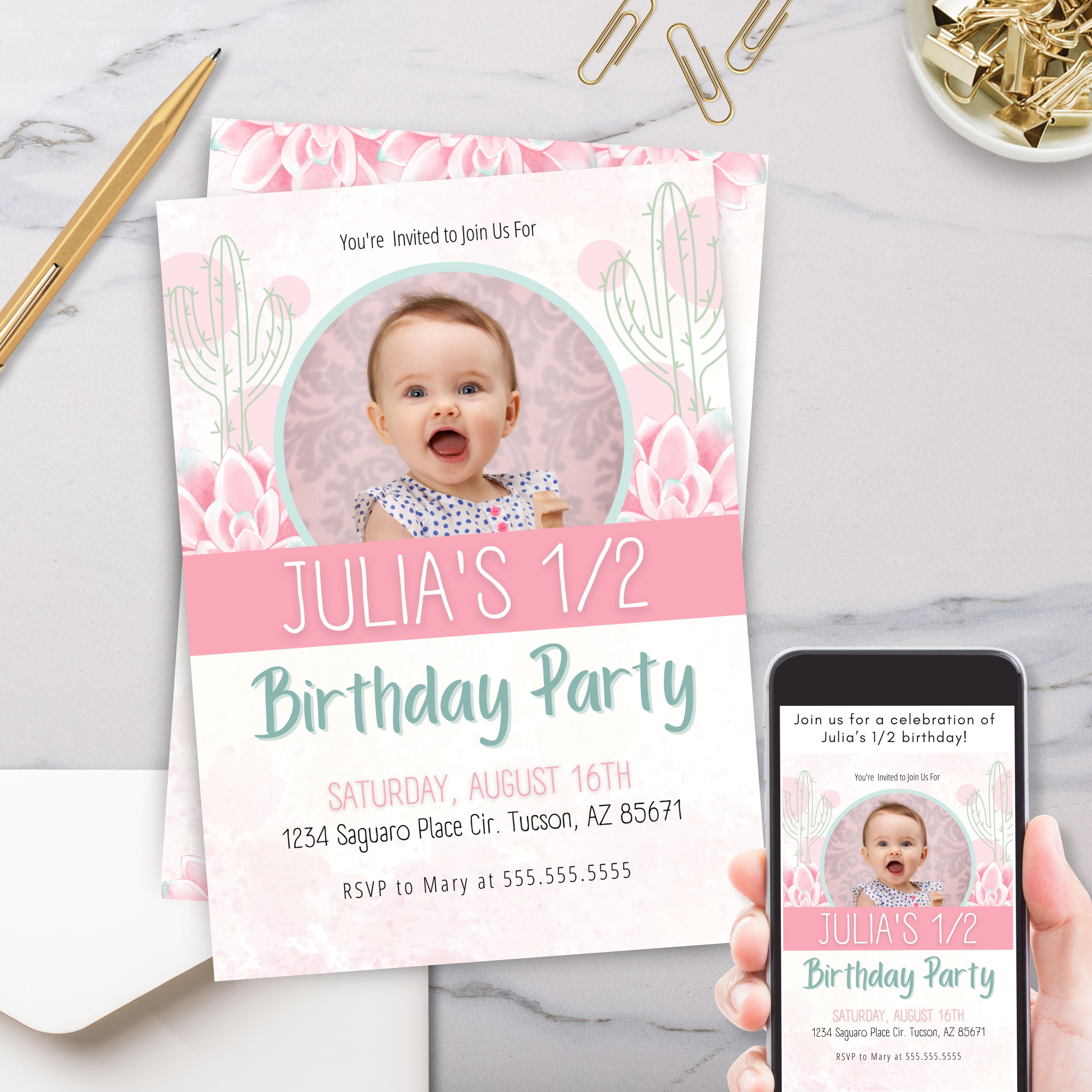 customizable blush pink and green cactus succulent theme birthday party invitaiton with photo