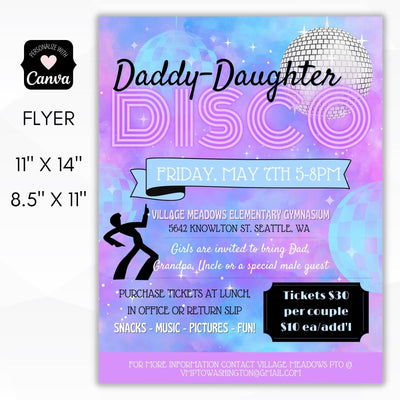 70's decade disco dance theme ideas school pto pta flyer set editable template digital download