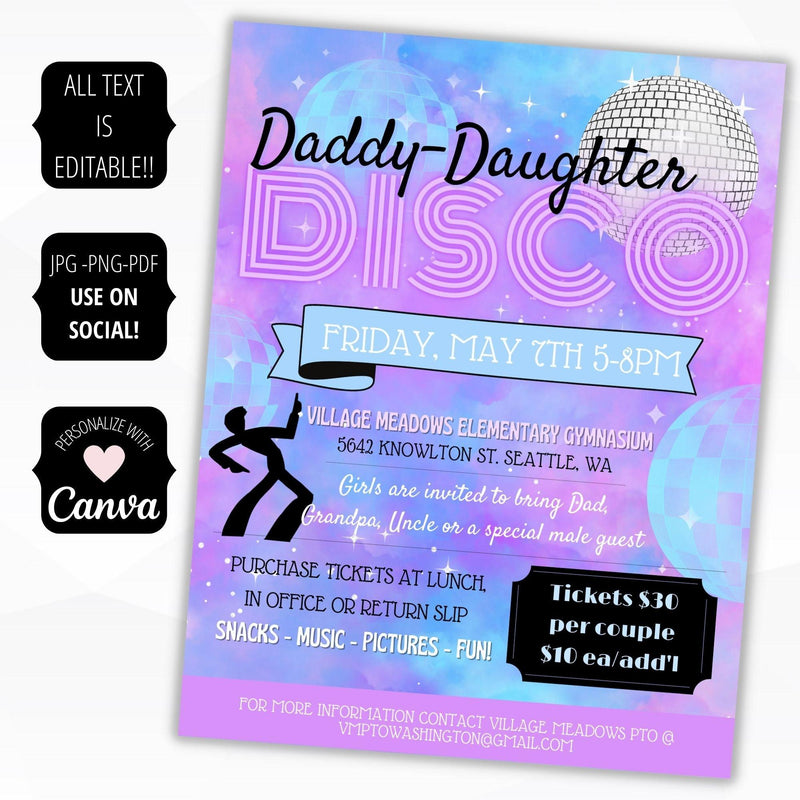 editable flyer sign poster set school dance theme disco 70s decades daddy daughter dance idea