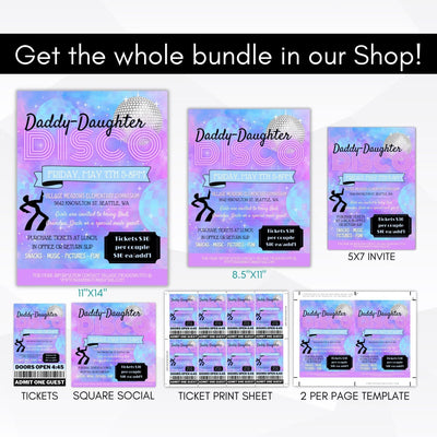 daddy daughter disco dance theme poster sign flyer invite ticket set editable template