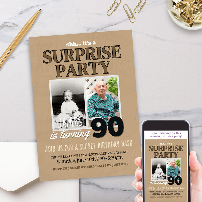 masculine surprise party invitation with two photo before and after pictures for suprise milestone party for him