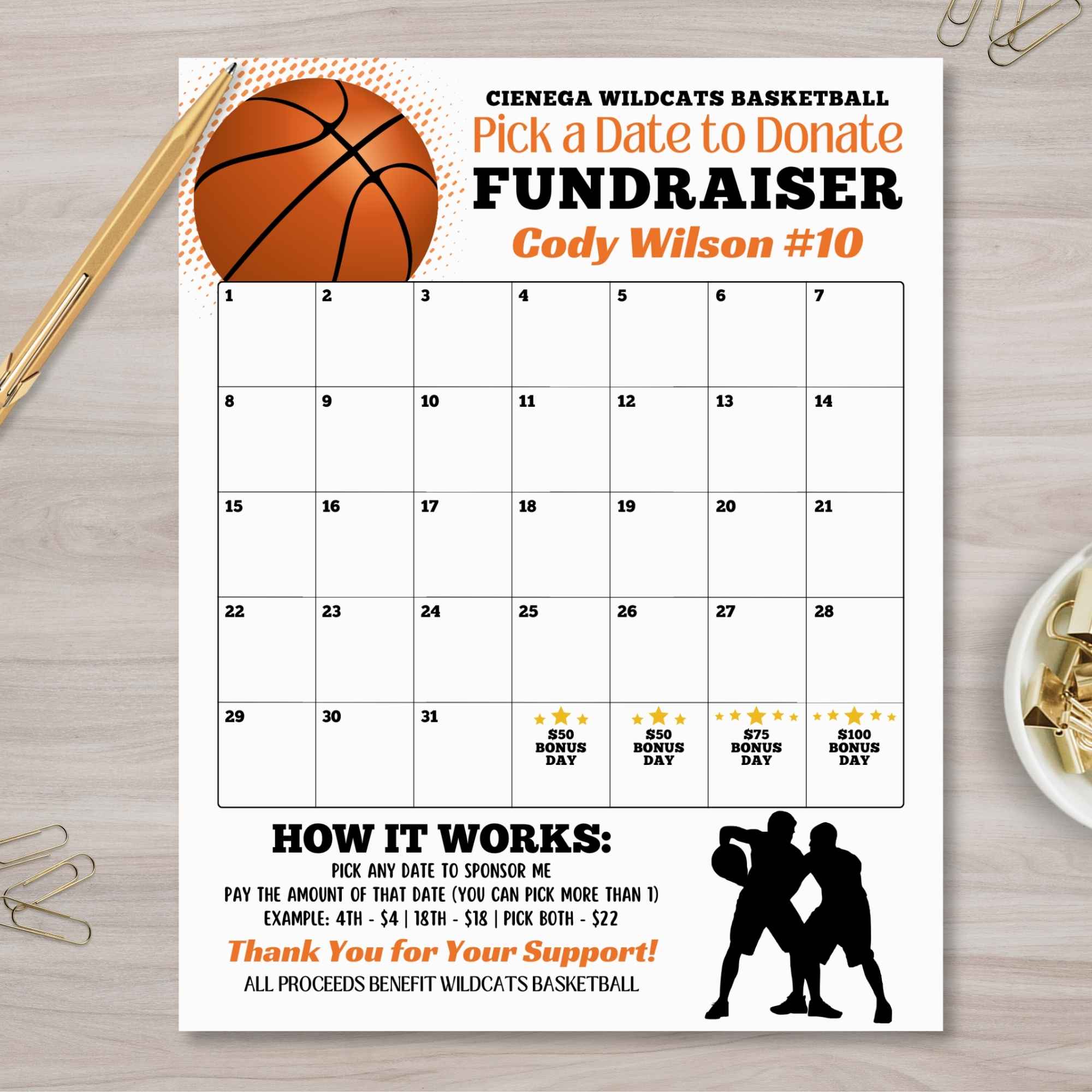 customizable basketball calendar fundraiser template for coaches and team moms to raise funds for club and school athletic teams designed by Simple Desert Designs. Change colors to match your team colors!