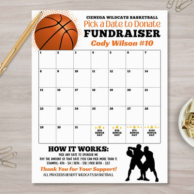 customizable basketball calendar fundraiser template for coaches and team moms to raise funds for club and school athletic teams designed by Simple Desert Designs. Change colors to match your team colors!