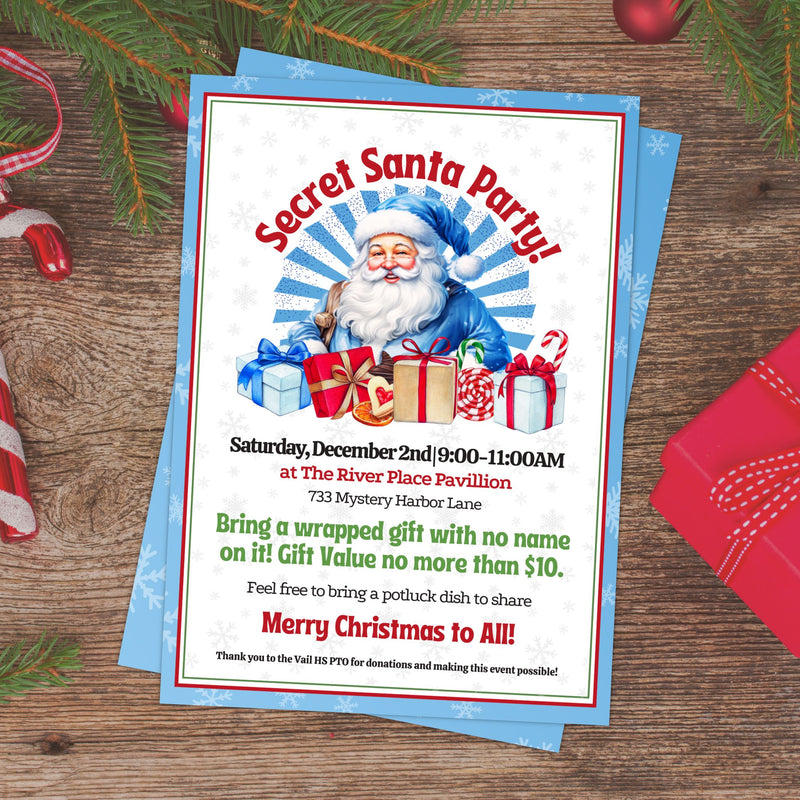 Secret Santa Party invitation with Santa Claus on a wooden surface with Christmas decorations.