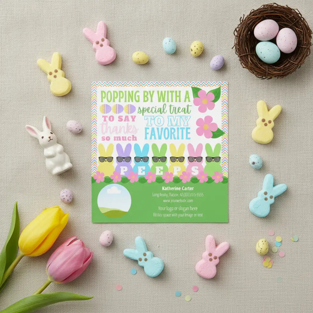 Marshmallow treat Easter-themed card for business pop bys or real estate agents with candy decorations on a textured surface