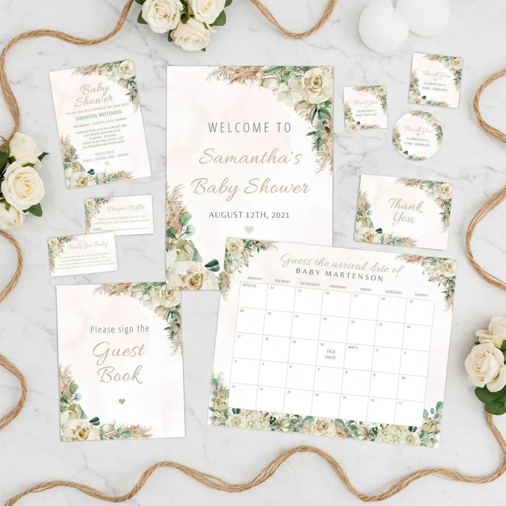 Collection of elegant gender neutral baby shower invitation, signs, favor tags, games, and thank you card displayed with decor items on a marble surface with flowers.