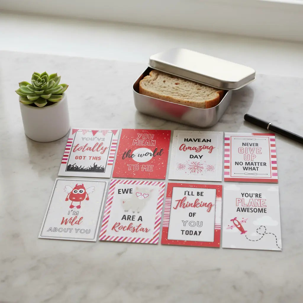 Set of printable motivational cards on a marble surface with a small plant and bread container.