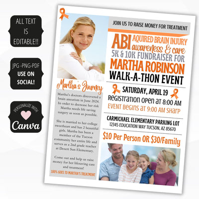 personalized abi fundraiser flyer for awareness and treatment of aquired brain injuries