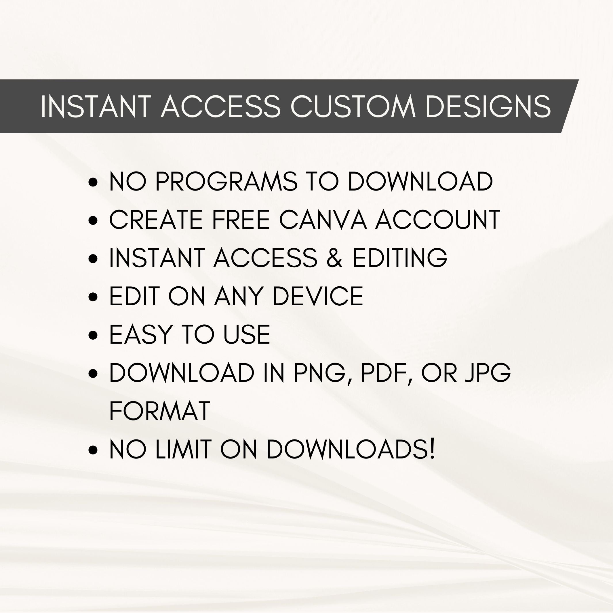 Text detailing features of instant access to custom designs with Canva.