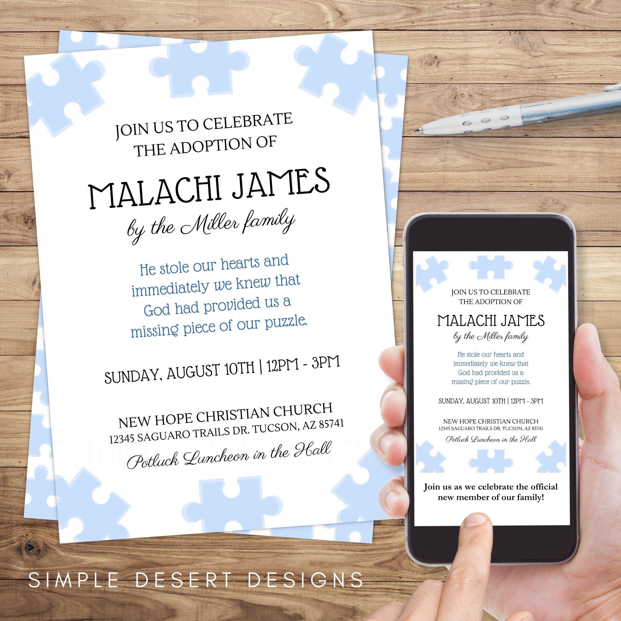 cute blue puzzle piece adoption party invitations