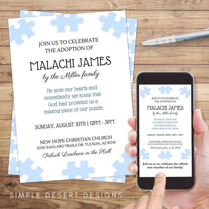 cute blue puzzle piece adoption party invitations