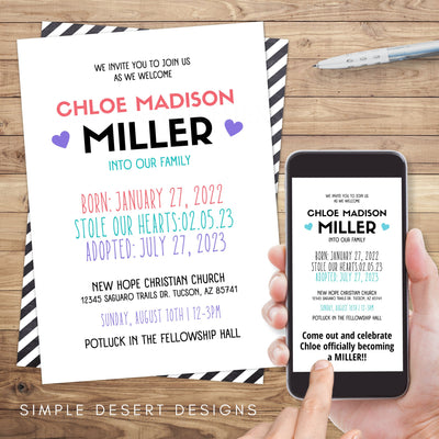 fully customizable adoption party invitation in digital e invite and printed formats