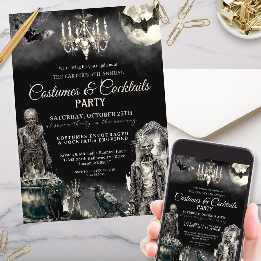 Adult Zombie Halloween Costume Cocktails Party Invitation Simple