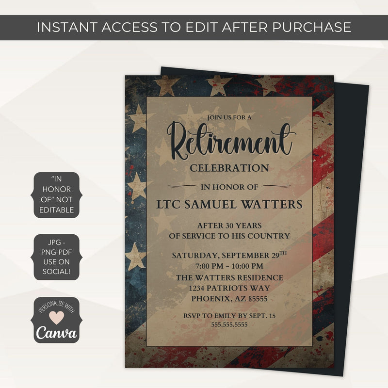 Retirement celebration party invitation with American flag design on a white background