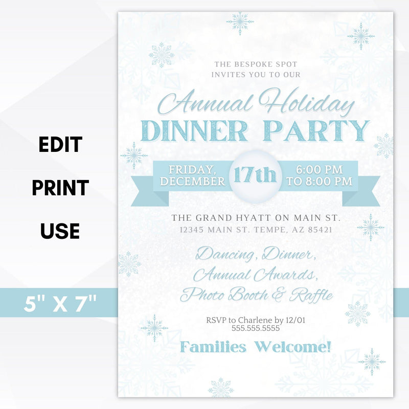 annual holiday dinner party invitation snow themed