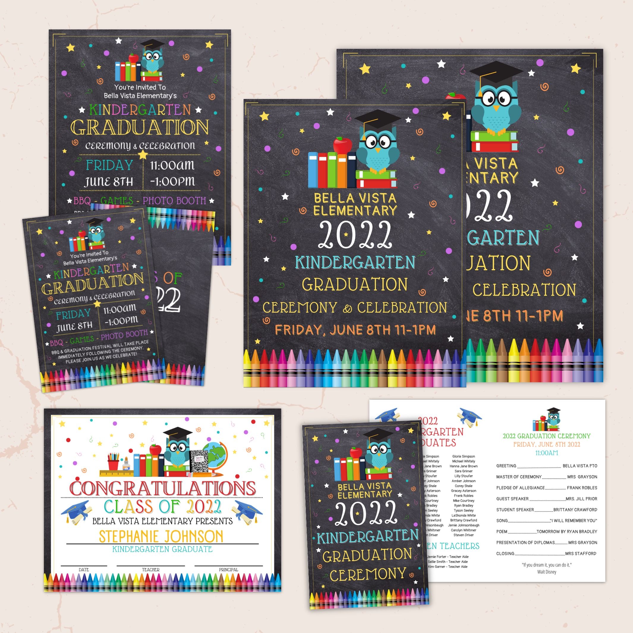 colorful graduation ceremony event bundle with certificate invitation flyer poster program templates for any grade with owl books crayons and colorful shapes