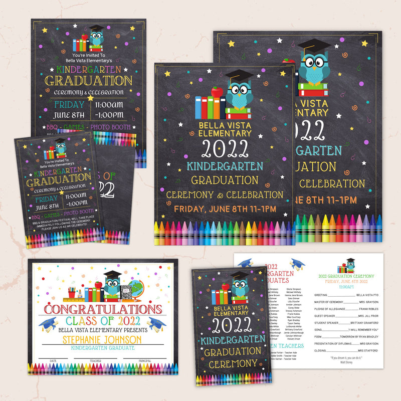 colorful graduation ceremony event bundle with certificate invitation flyer poster program templates for any grade with owl books crayons and colorful shapes