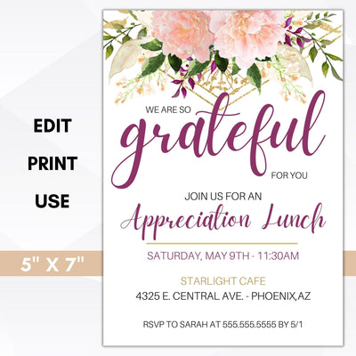 floral appreciation luncheon invitation peony rose gold geometric lunch brunch dinner invite