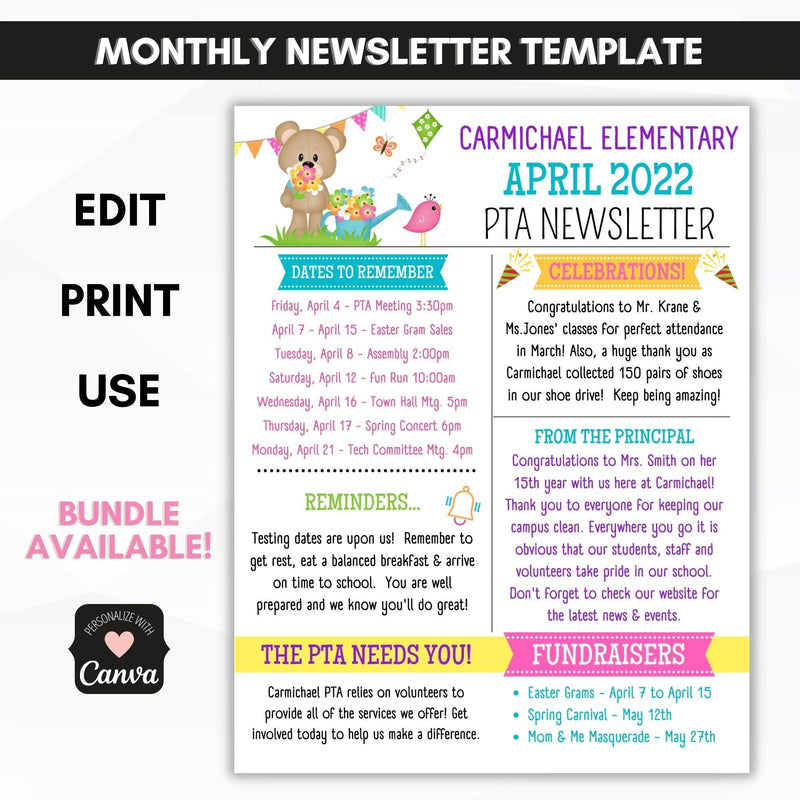 school pto pta april newsletter template