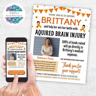 aquired brain injury fundraiser flyers with orange ribbon and space for photo and personal story