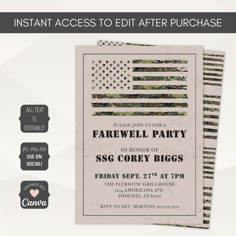 Farewell party invitation with American flag design on a white background