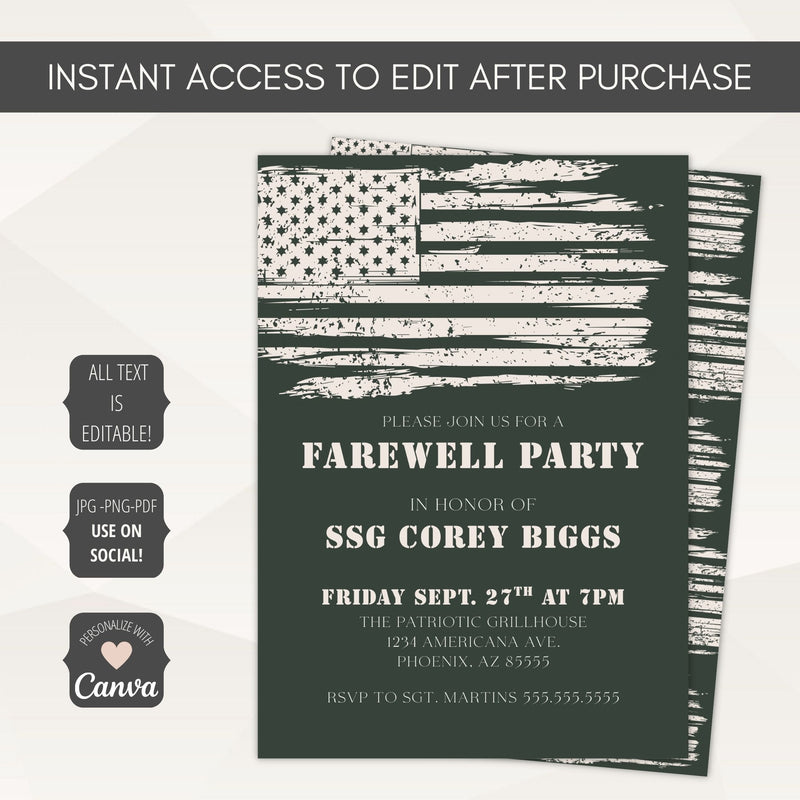 Farewell party invitation with American flag design on a white background