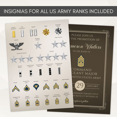 Sheet of insignias for US Army ranks with a formal invitation on a white background for formal promotion or retirement ceremonies and party invites.