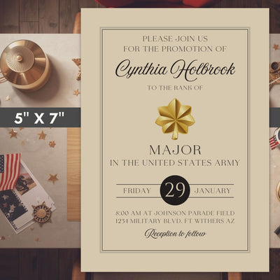Invitation card for a promotion ceremony with military theme