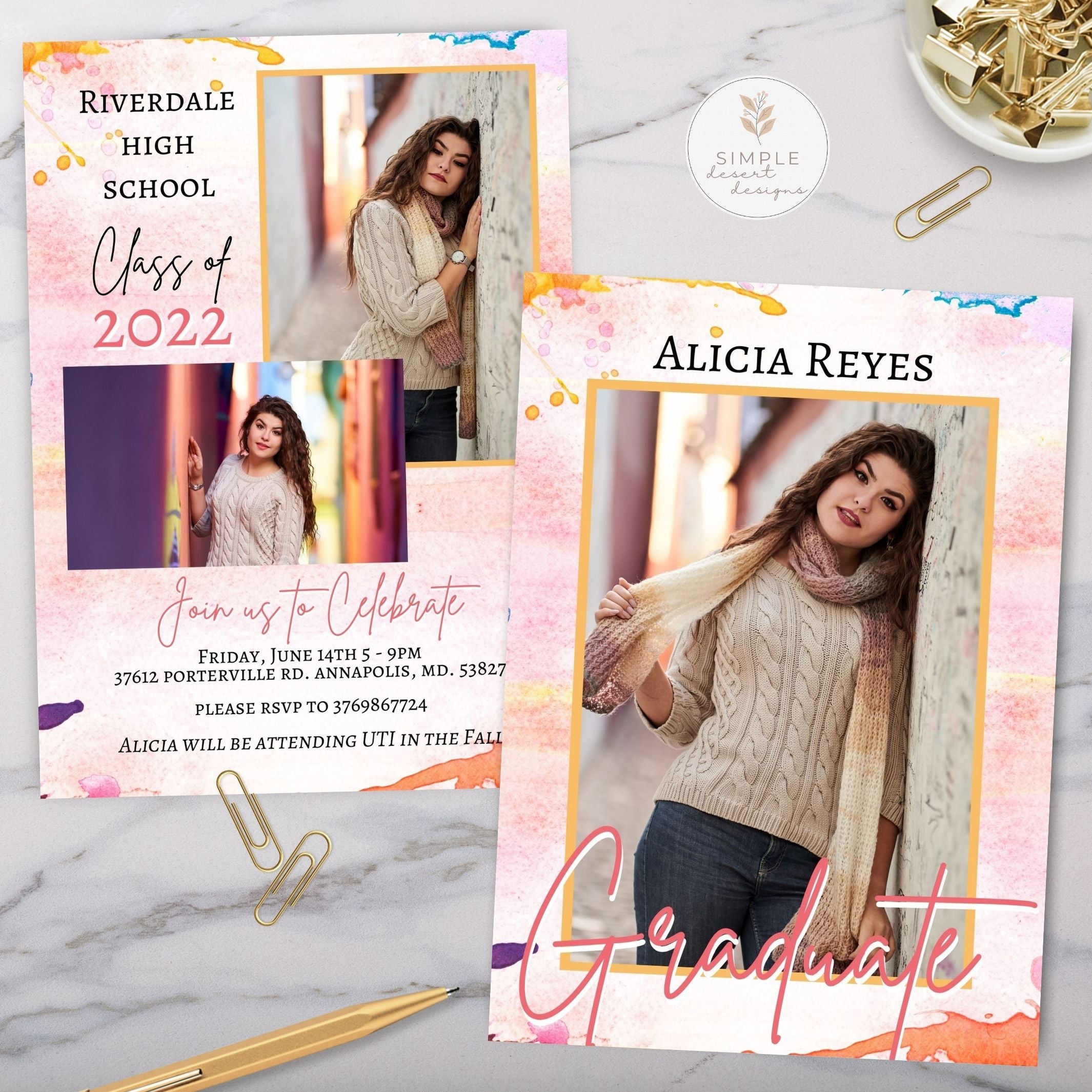 Graduation invitation cards for Riverdale High School Class of 2022 with a photo of a graduate on a marble surface.