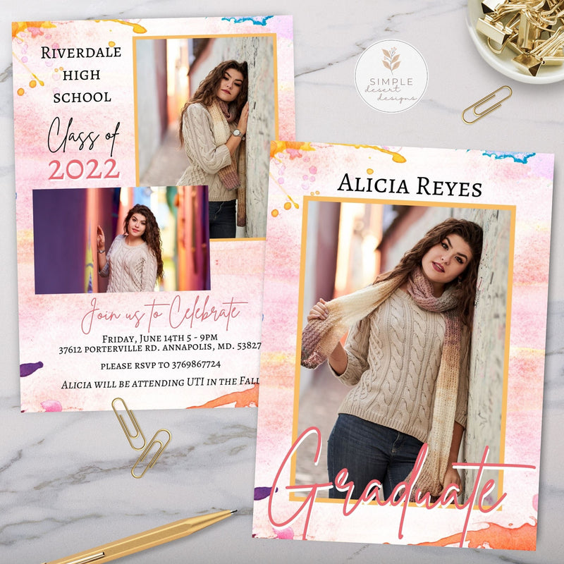 Graduation invitation cards for Riverdale High School Class of 2022 with a photo of a graduate on a marble surface.
