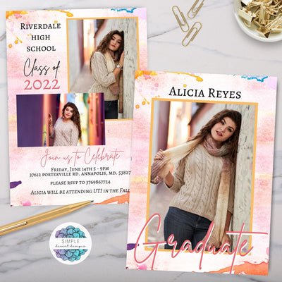 colorful artistic high school college graduation announcement invitations with space for 3 photos