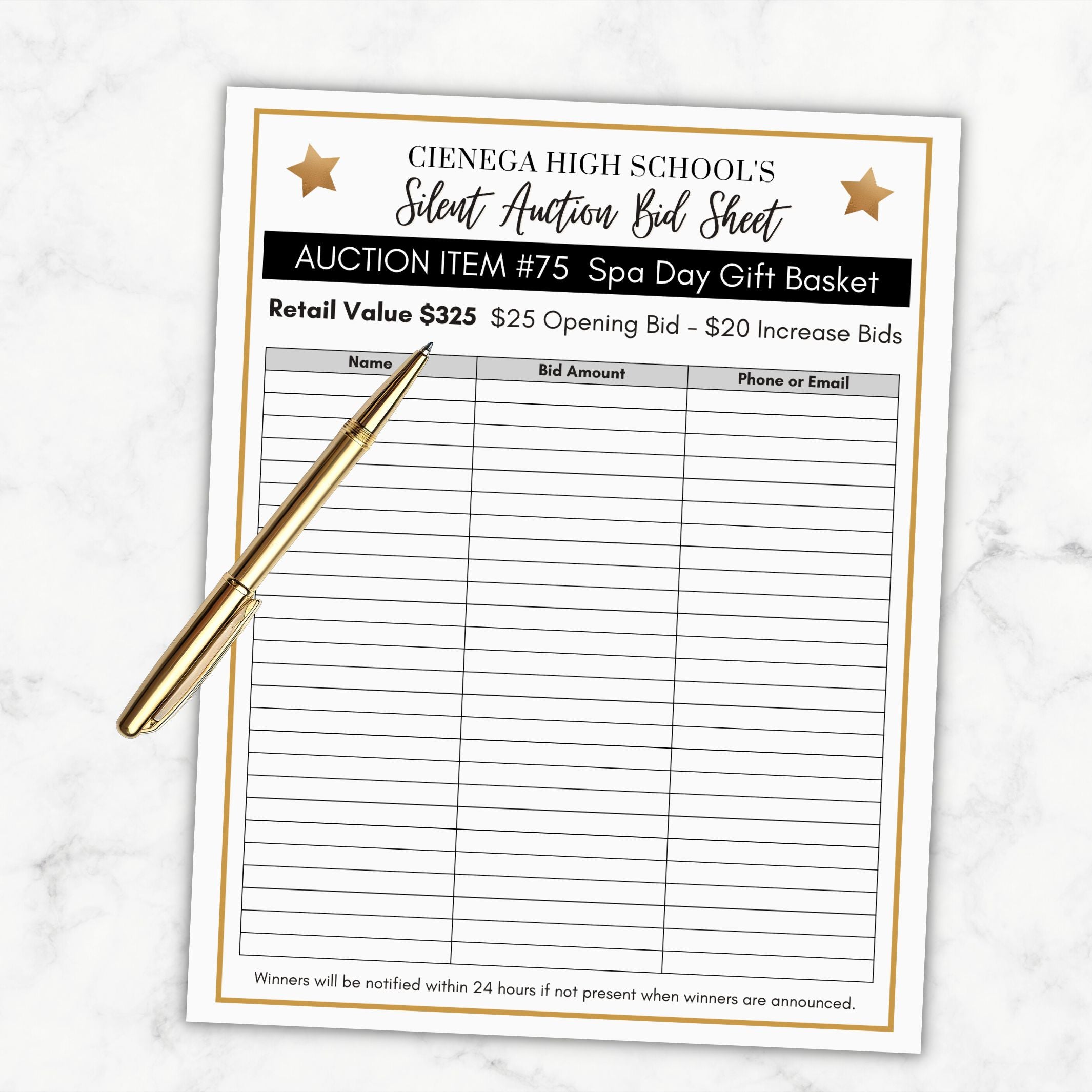 elegant bid sheet template printed on marble surface with gold pen and black and gold design for silent auction events