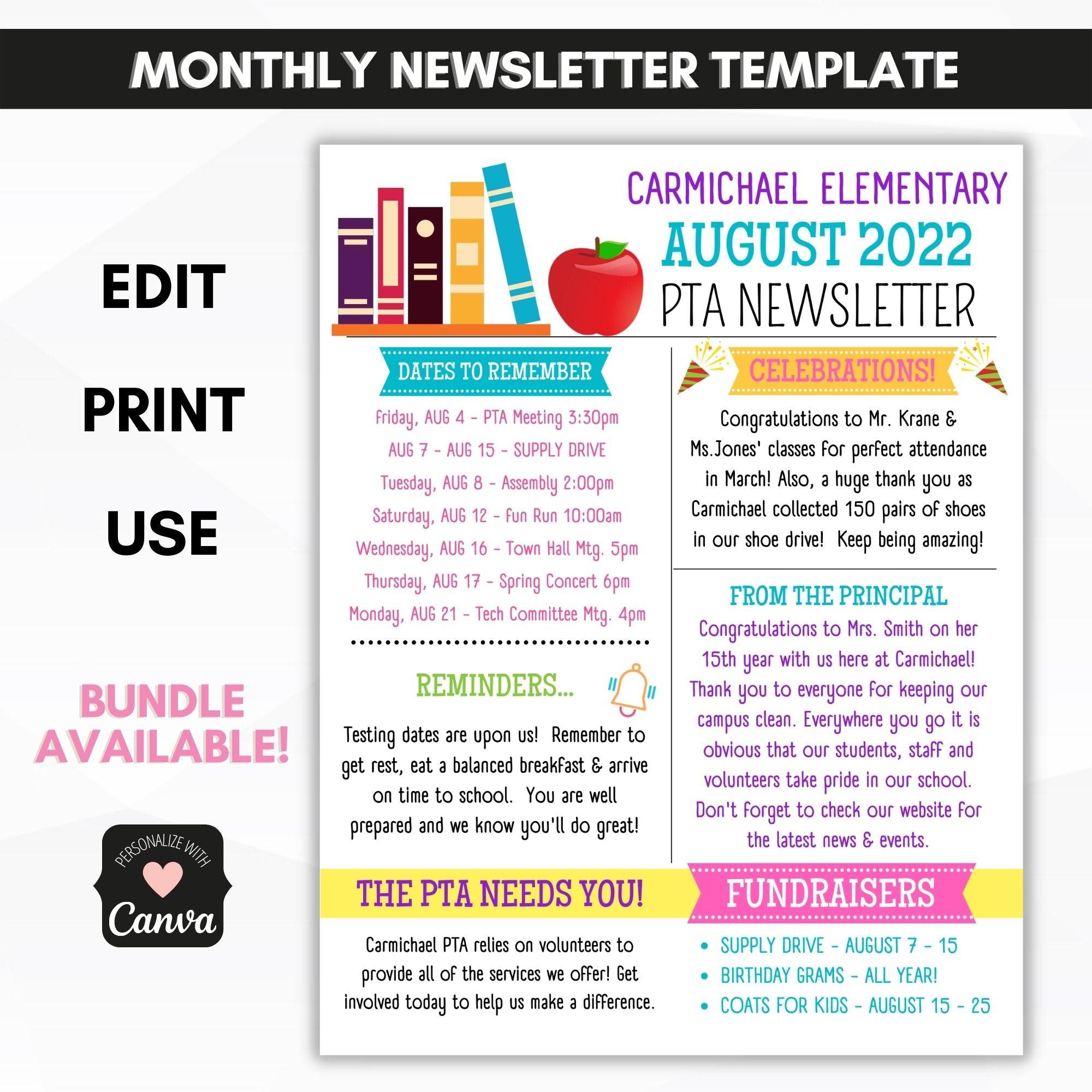 school pto pta AUGUST newsletter template