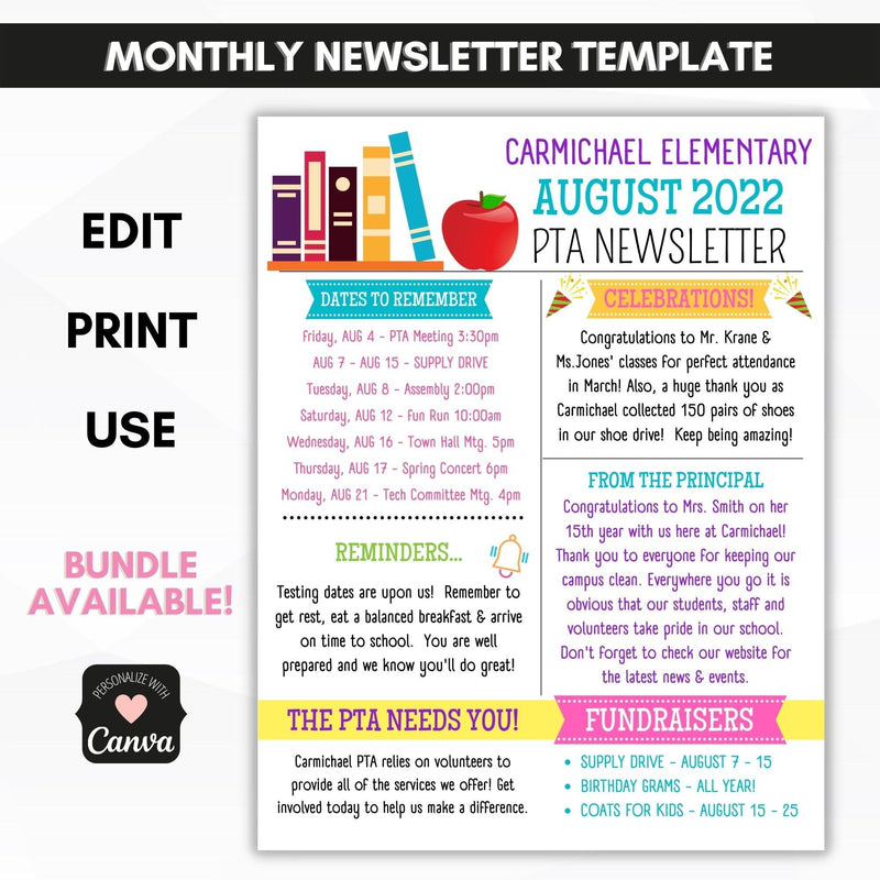 school pto pta AUGUST newsletter template