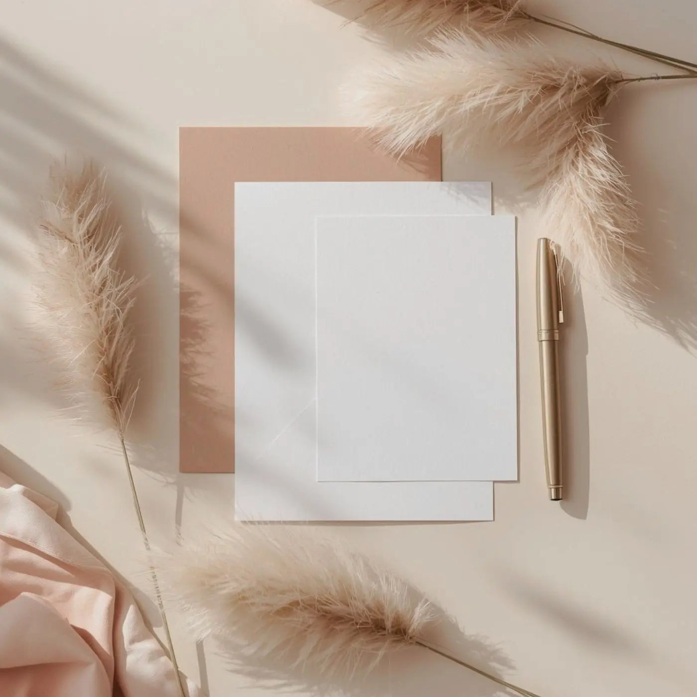 White paper, gold pen, and decorative pampas grass on a light surface representing baby and bridal shower party and event templates by Simple Desert Designs.