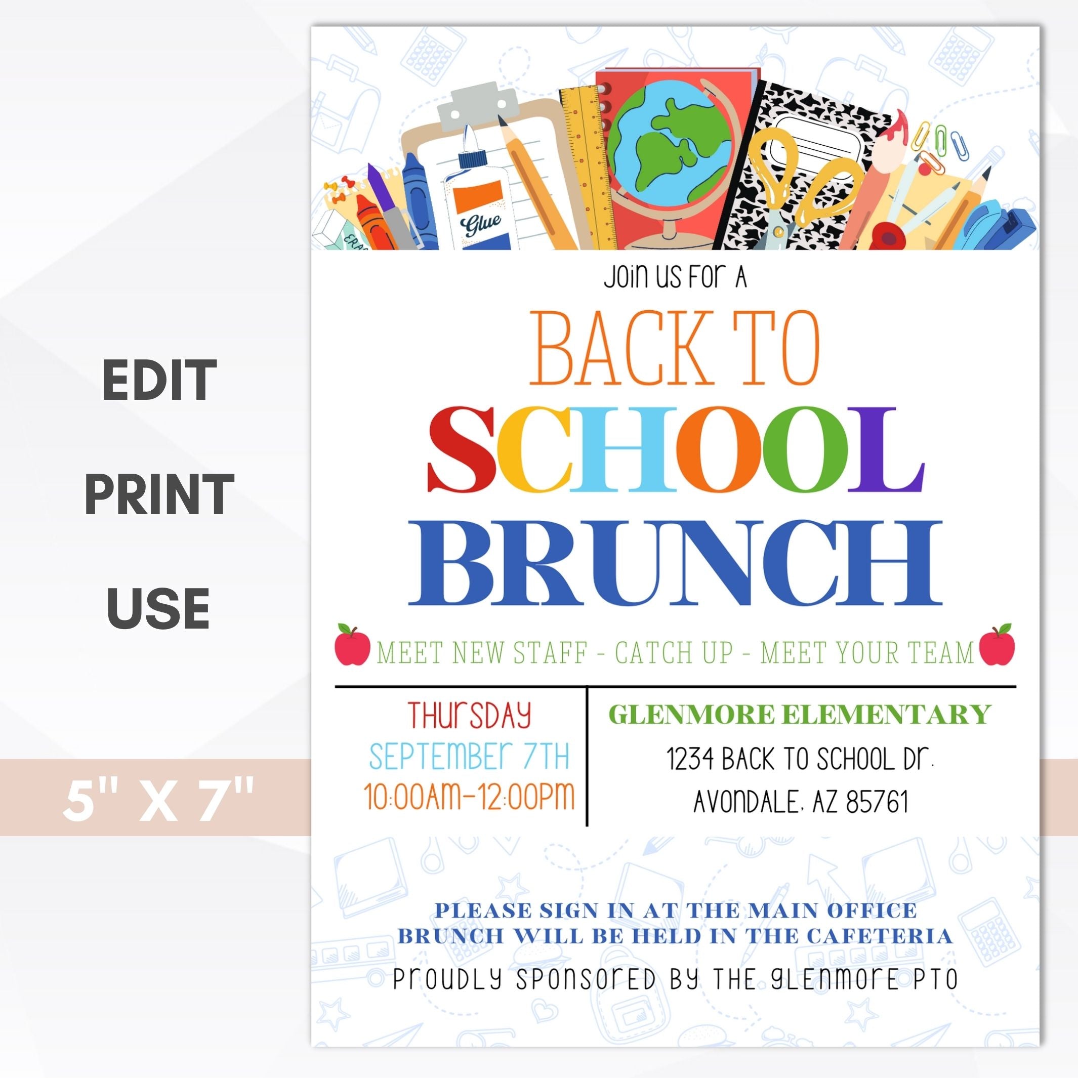 cute back to school brunch invitation with colorful fonts and school supplies graphics 5x7 editable template