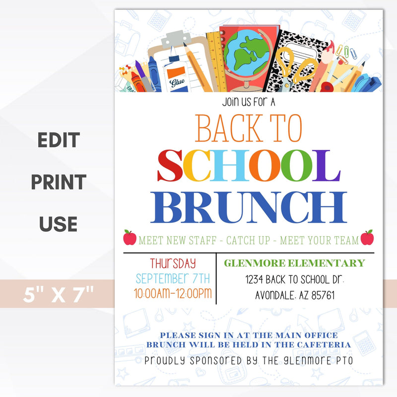 cute back to school brunch invitation with colorful fonts and school supplies graphics 5x7 editable template