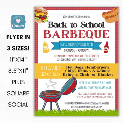 editable back to school bbq invitation flyer set school PTO PTA PTC organization party invite