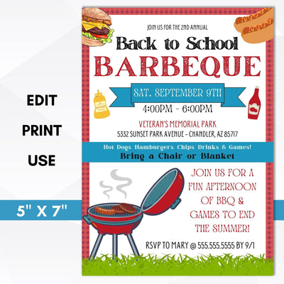 barbecue cookout picnic party invitation editable template instant download