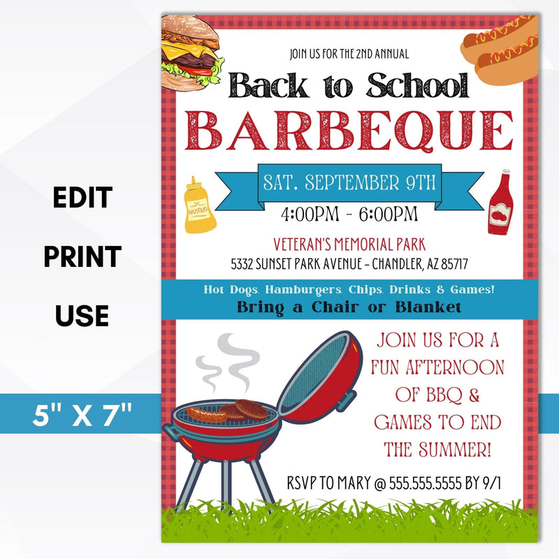 barbecue cookout picnic party invitation editable template instant download