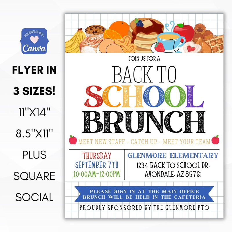 editable back to school teacher staff brunch invitation school pto pta ptc event meeting social