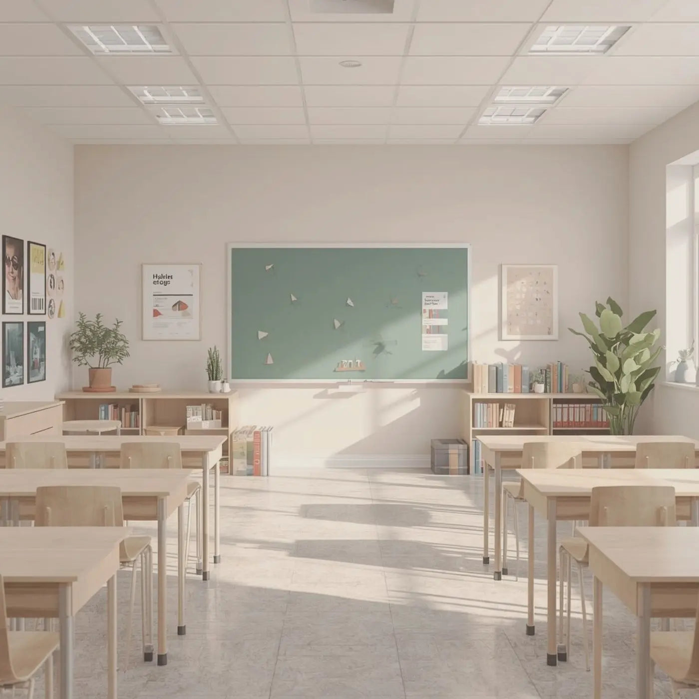 Well lit school classroom clean and prepared for back to school events with editable back to school event templates displayed on the walls.