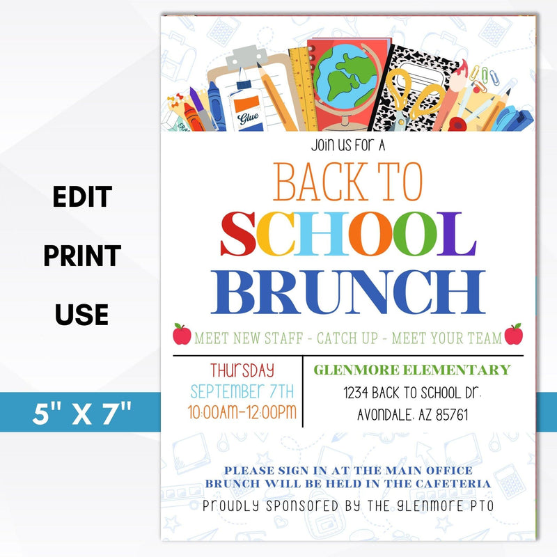 back to school teacher staff luncheon brunch invitation editable template digital download
