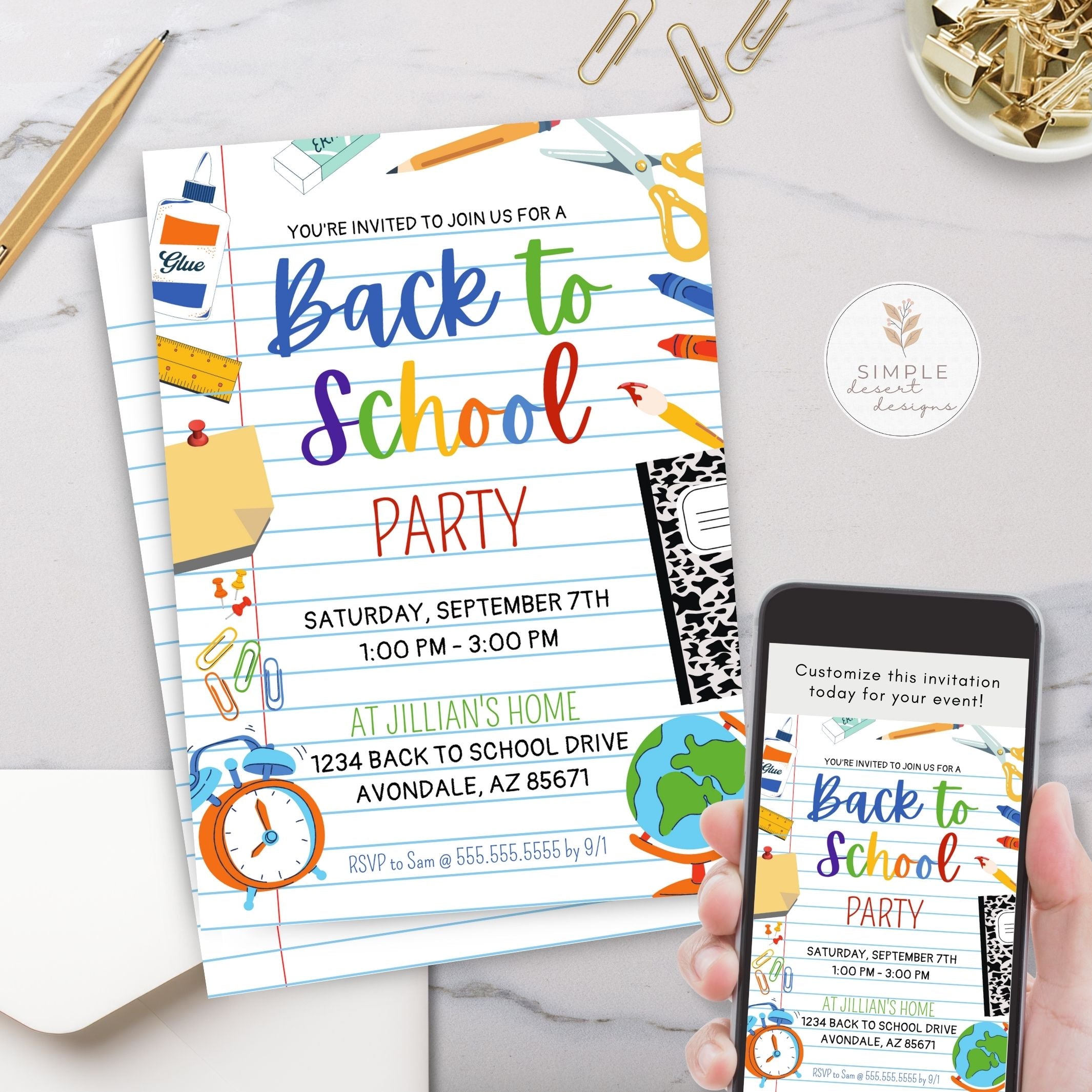back to school party invitation with colorful script and typography with school supplies and  paper theme background displayed on cell phone and printed with gold pens, paper clips and envelope on marble surface